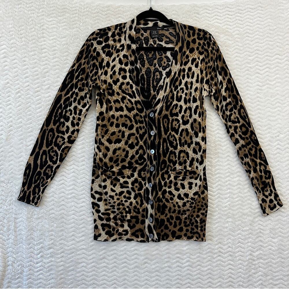 Ellison Leopard Print Button Pockets Linen Brown Cardigan Sweater Sz Small